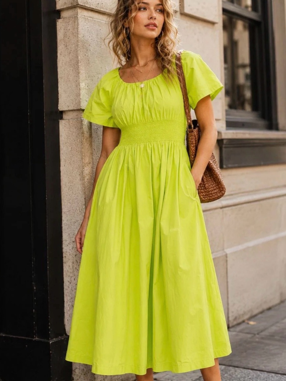 WOMEN'S SHORT SLEEVE SMOCK WAIST BACK TIE FRONT POCKETS MAXI DRESS